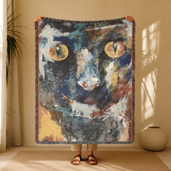 Woven Blanket – “Black Cat” by Sandra Garcia | Awakened Future Art | 100% Cotton Tapestry Throw with Fringed Edges (3 Sizes)