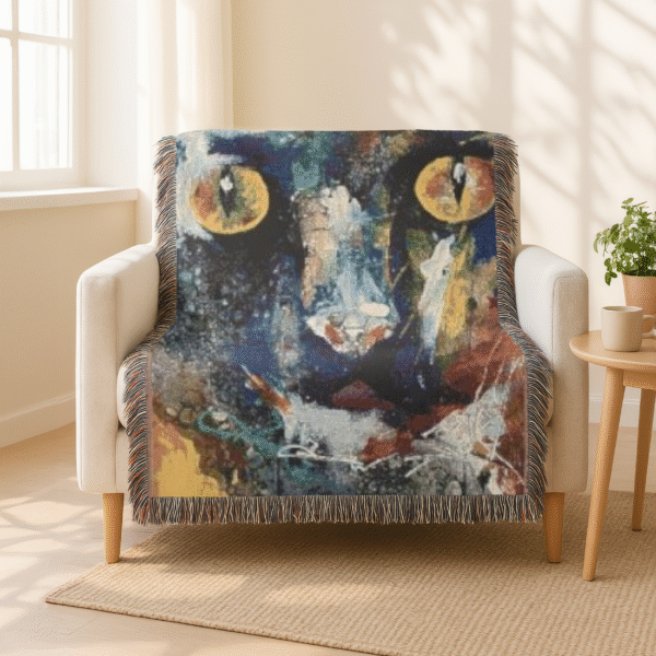 Woven Blanket – “Black Cat” by Sandra Garcia | Awakened Future Art | 100% Cotton Tapestry Throw with Fringed Edges (3 Sizes)